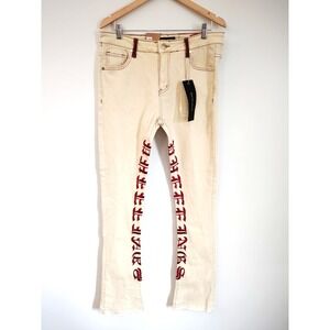 NWT-Pheelings Men 34 Saints‎ Suffering Beige Jeans Red Gothic Embroidery Preppy